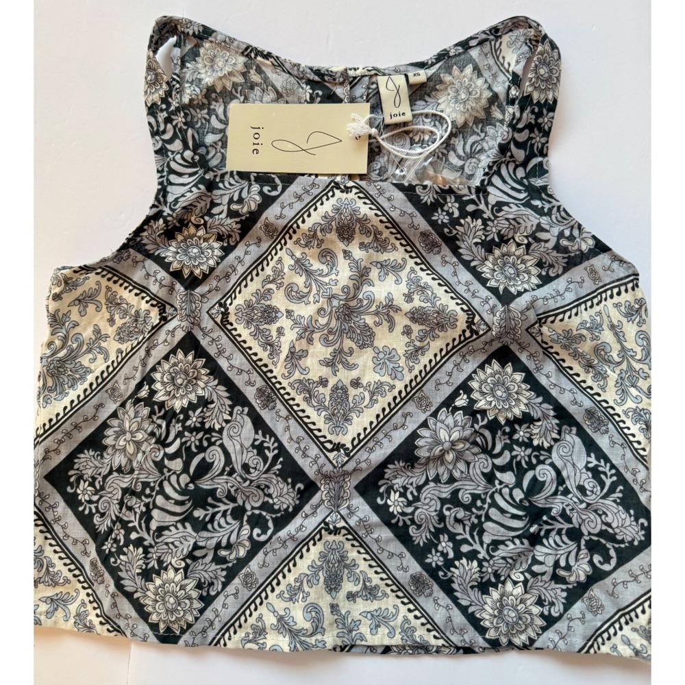 Joie Medallion Paisley Print Sleeveless Crop Top Button Back Black Grey M NWT